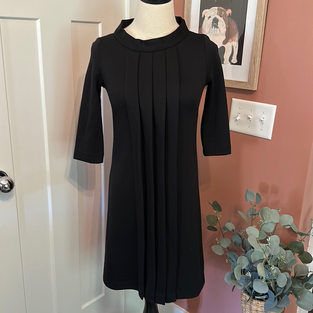 Normaluisa black front folded panels detail round collar 1/2 sleeve wool S dress